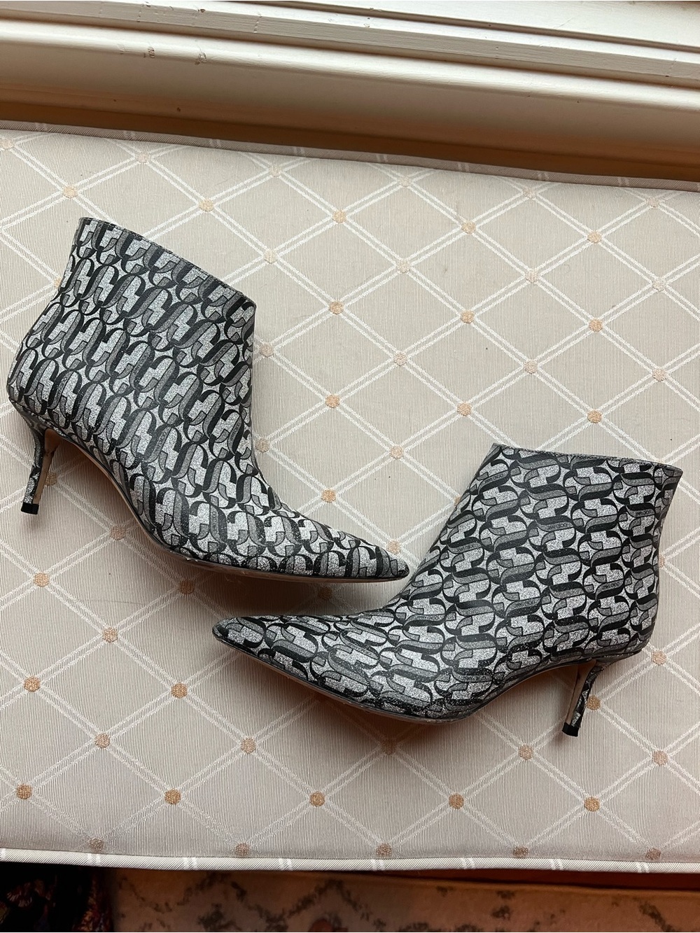 Jimmy Choo Silver & Black Monogram Glitter Kitten Heel Booties EU 36.5 / US 6.5 - Picture 3 of 8